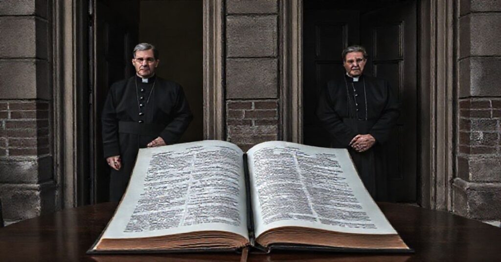 A somber portrayal of Quigley Preparatory Seminary and St. Christina Catholic School, highlighting the scandal of Fathers Daniel Holihan and John Curran's unchecked predation under the conciliar sect.