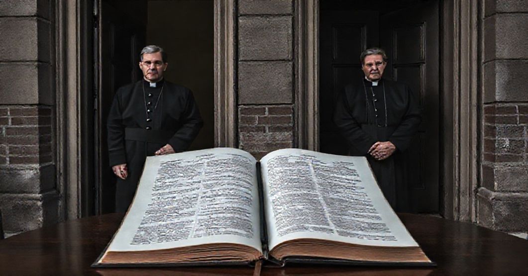 A somber portrayal of Quigley Preparatory Seminary and St. Christina Catholic School, highlighting the scandal of Fathers Daniel Holihan and John Curran's unchecked predation under the conciliar sect.