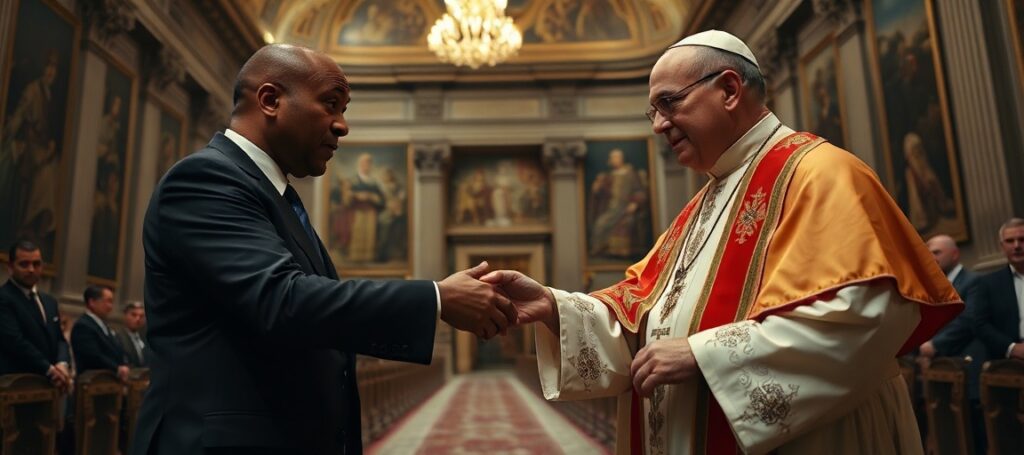 Chicago Mayor Brandon Johnson meets with antipope Robert Prevost (Leo XIV) in the Vatican, exchanging a ceremonial key to the city amidst a backdrop of religious symbols and ornate architecture.