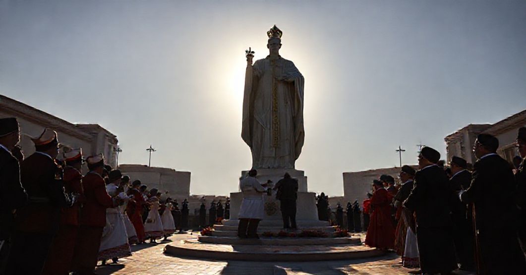 Chiclayo's Idolatrous Homage to the Usurper of Peter's Throne A solemn depiction of the unveiling of a 16-foot statue of 'Pope' Leo XIV in Chiclayo, Peru, surrounded by 'Bishop' Edinson Farfán and local officials.