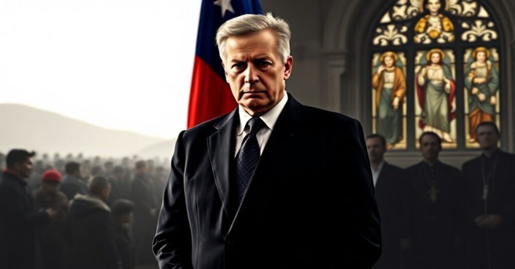 José Antonio Kast standing before a Chilean flag with bishops in the background, symbolizing political victory and Catholic compromise in Chile.