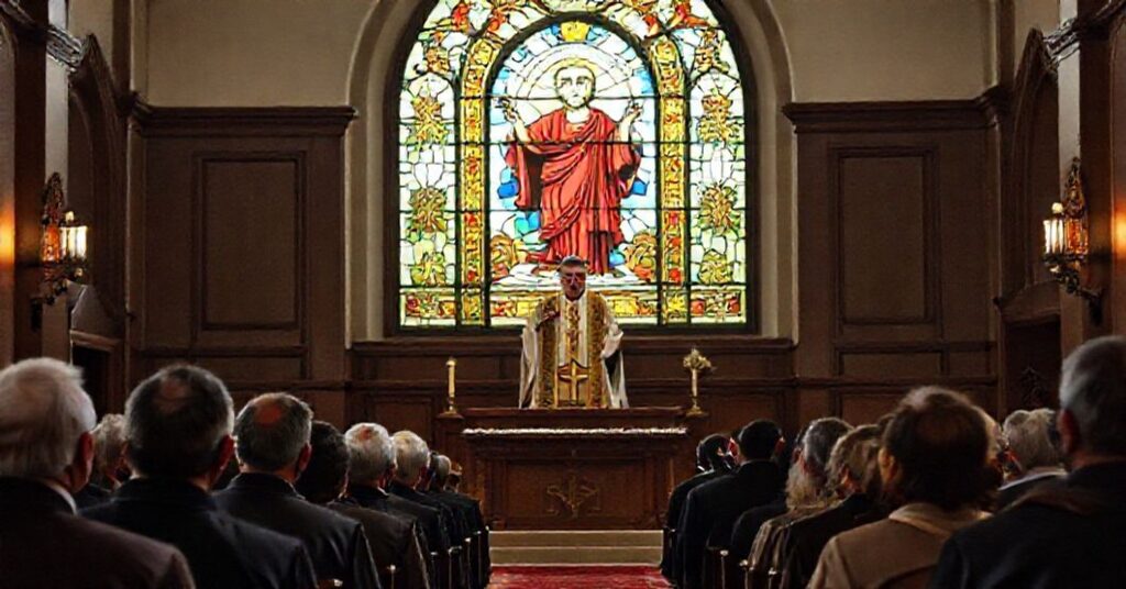 A traditional Catholic church interior with an "archbishop" preaching against modernist immigration policies, emphasizing the Regalità Sociale di Cristo.