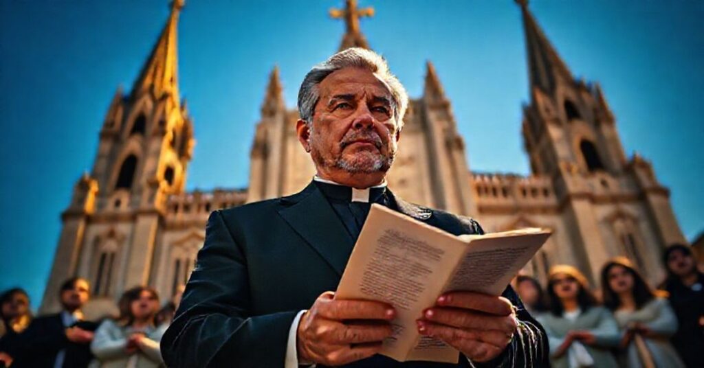 José Antonio Kast, Chile's President-Elect, standing solemnly before a Catholic cathedral with concerned Catholics praying for the Social Reign of Christ the King.