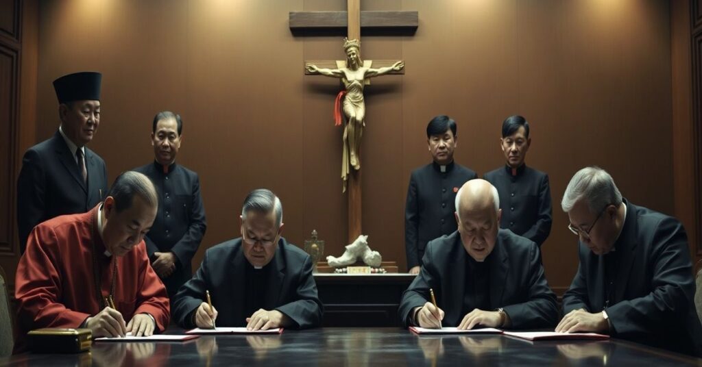Chinese bishops signing documents under Communist Party officials, betraying the Catholic faith for state control.