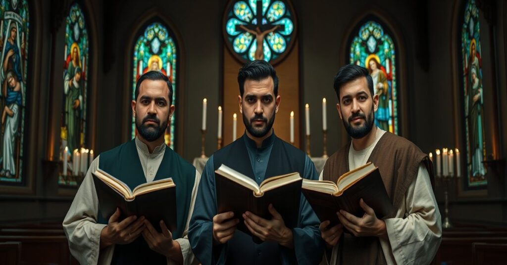 Actors Jonathan Roumie, Michael Iskander, and Adam Hashmi in a solemn church setting with biblical texts and traditional attire.