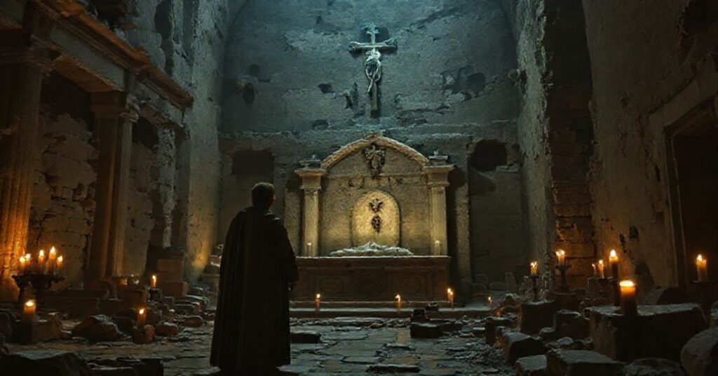 Chris Pratt in the Vatican Necropolis near the disputed tomb of St. Peter, surrounded by ancient ruins and dim candlelight.