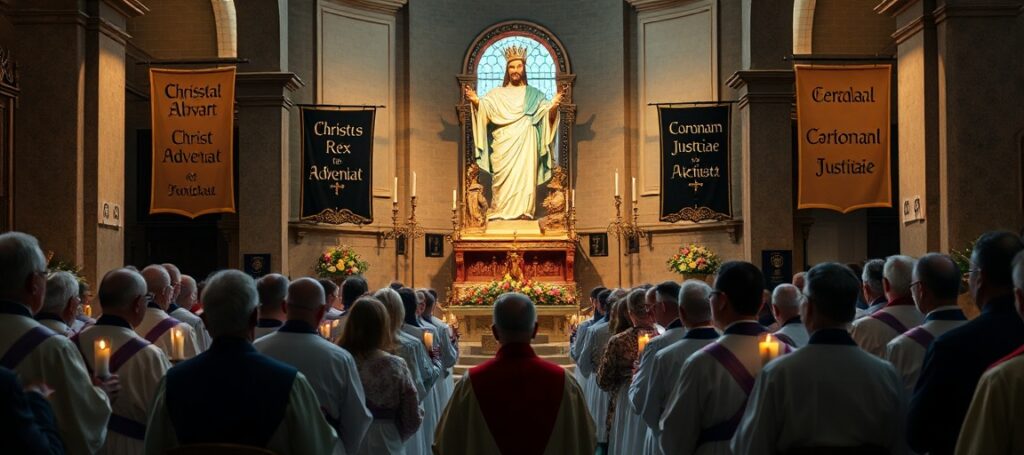 Traditional Catholic clergy and laity praying before Christ the King statue in a historic church, emphasizing the importance of Christ's Kingship over secular activism.