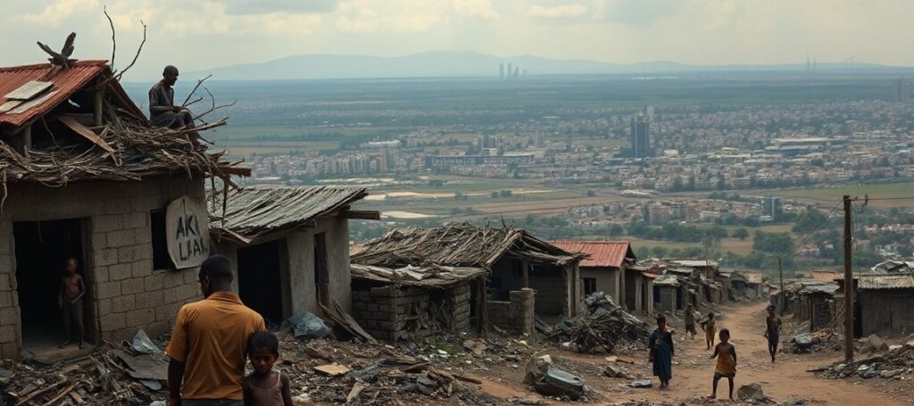 A desolate village in a 'development-free zone' contrasts with a distant modern city, highlighting the spiritual crisis of secular aid without Christ's kingship.