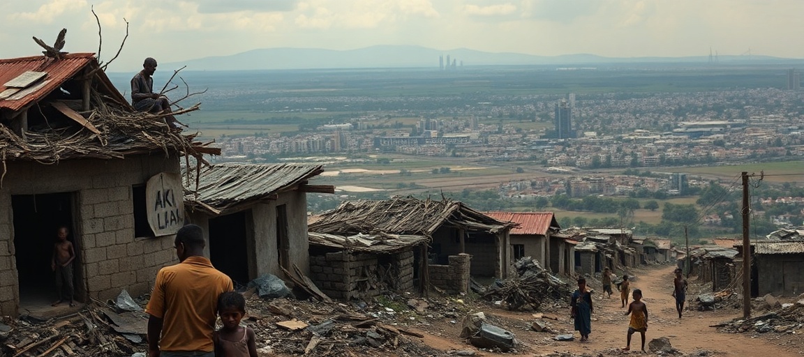 A desolate village in a 'development-free zone' contrasts with a distant modern city, highlighting the spiritual crisis of secular aid without Christ's kingship.