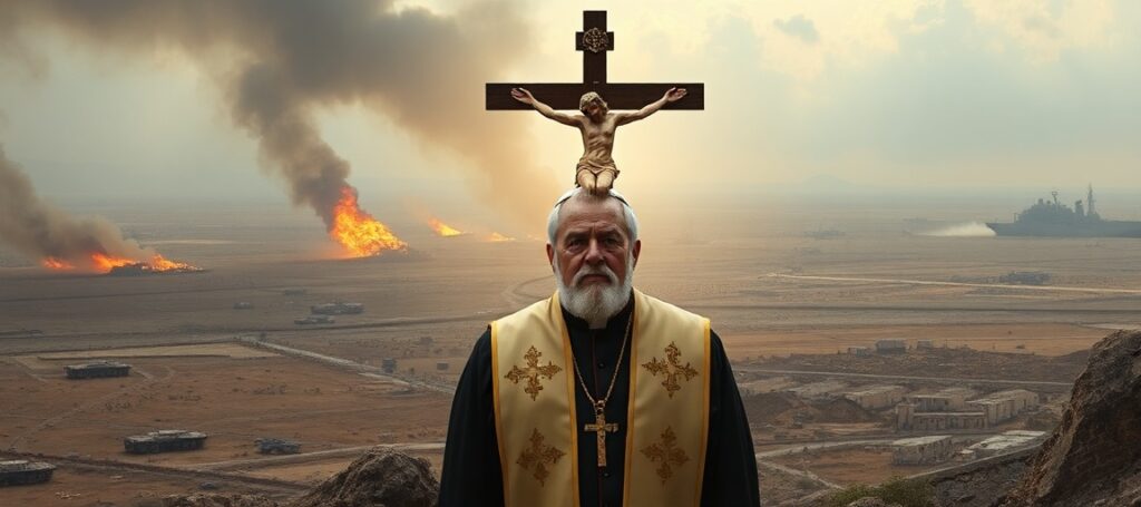 A Catholic priest in traditional vestments stands before a war-torn landscape, holding a crucifix as a symbol of Christ the King's dominion over nations.