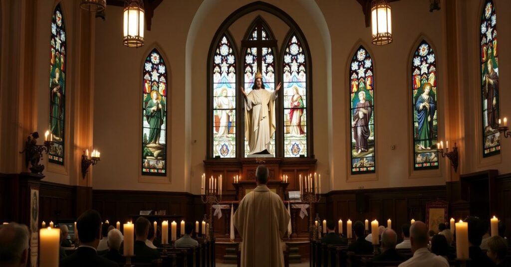 A reverent depiction of Christ the King in a traditional Catholic church setting, emphasizing His social kingship and the rejection of modernist heresies.