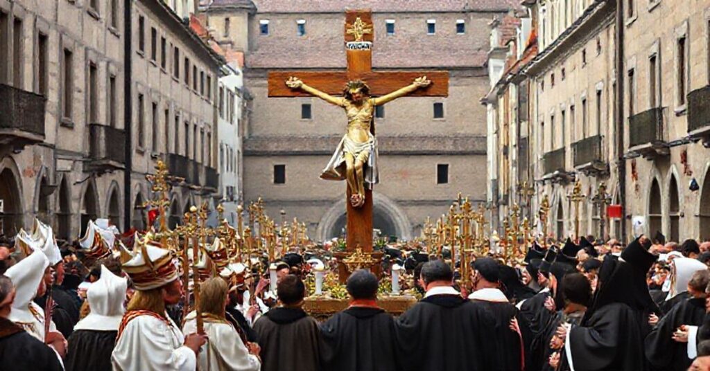 A traditional Catholic procession honoring Christ the King, reflecting the feast's historical and doctrinal importance as emphasized in Quas Primas.