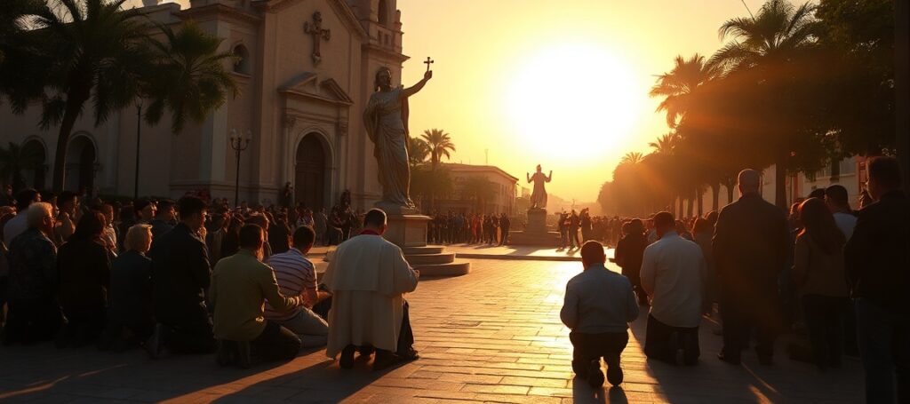 A solemn scene in a Mexican plaza with a traditional Catholic church in the background, symbolizing the struggle between Christ the King's reign and organized crime.