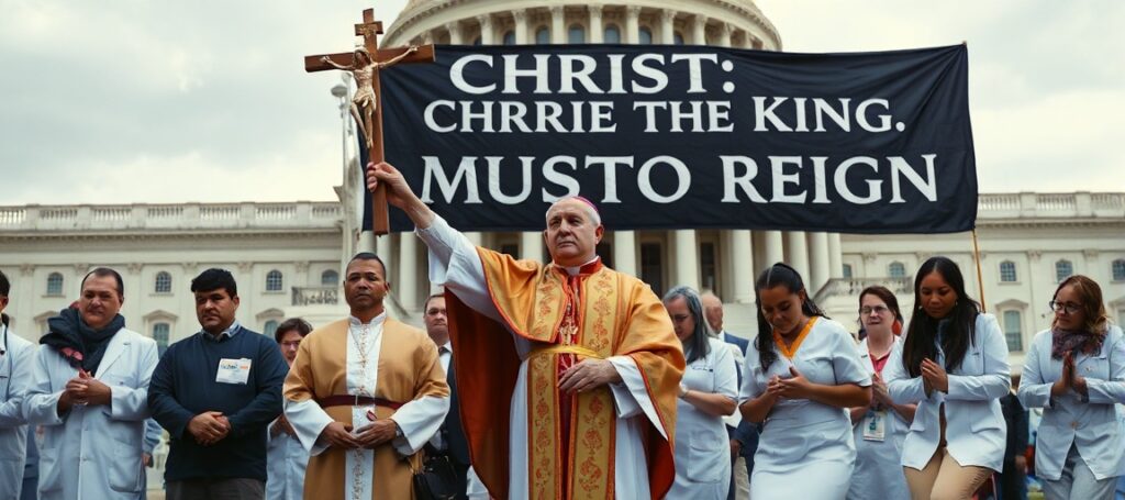A Catholic bishop and faithful kneel in prayer before the U.S. Capitol, holding a crucifix and banner proclaiming Christ the King's sovereignty over secular institutions.