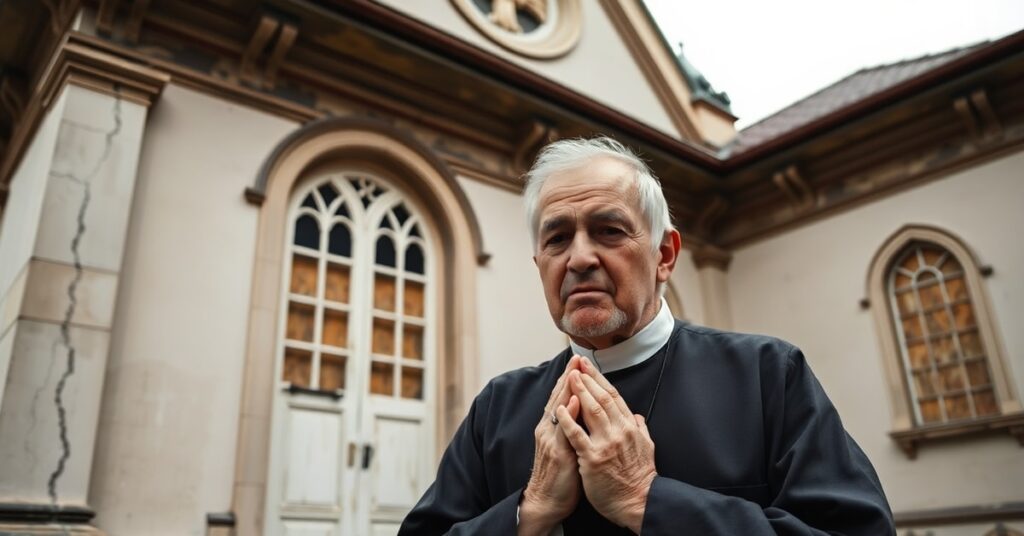 Aged Christian Brother in traditional habit standing before decaying Melbourne church amid abuse scandal closure