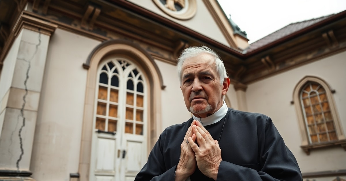 Aged Christian Brother in traditional habit standing before decaying Melbourne church amid abuse scandal closure