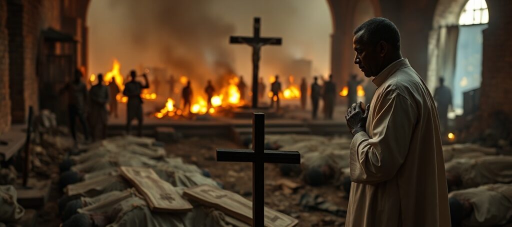 A Catholic priest praying over martyrs in a destroyed Nigerian church amid persecution by Fulani militants.
