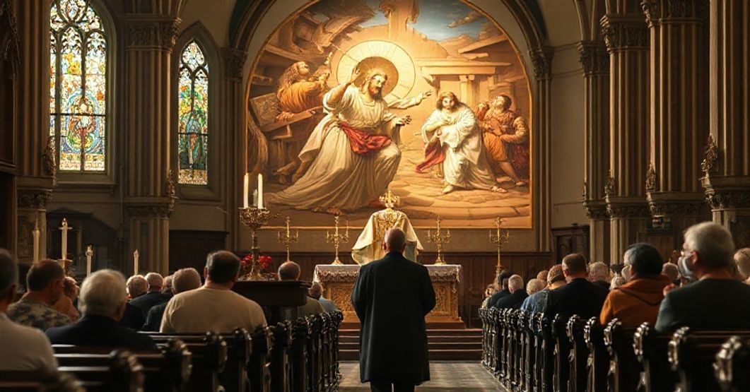 A reverent depiction of a traditional Catholic church interior with a priest holding the Blessed Sacrament and faithful kneeling in prayer, symbolizing Christ's authority in cleansing the Temple.