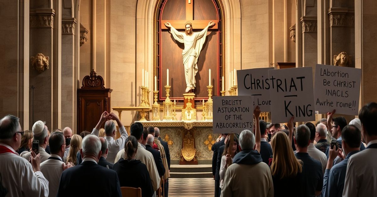 A traditional Catholic Mass scene contrasting with modernist protests advocating for abortion rights.
