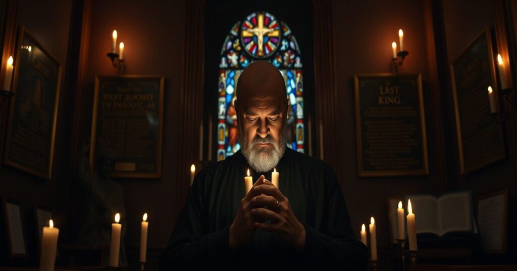 Chuck Norris in a traditional Catholic chapel with Christ the King statue and Last Judgment stained glass.