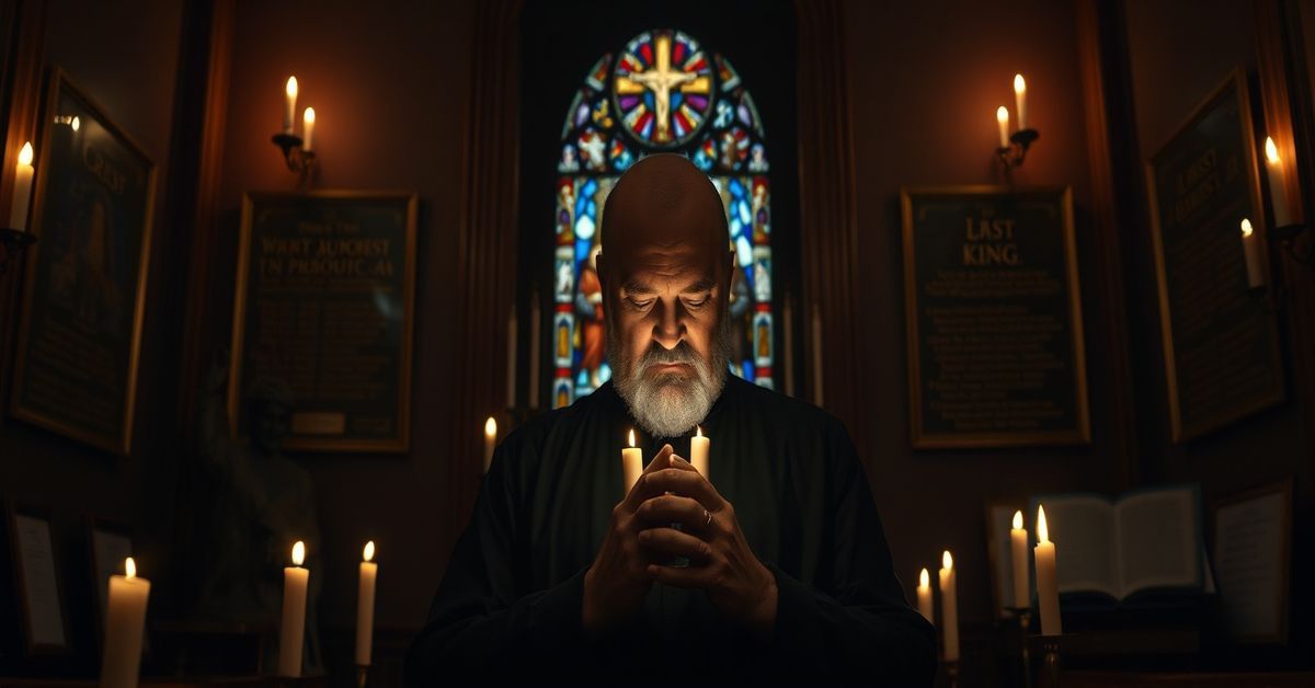 Chuck Norris in a traditional Catholic chapel with Christ the King statue and Last Judgment stained glass.