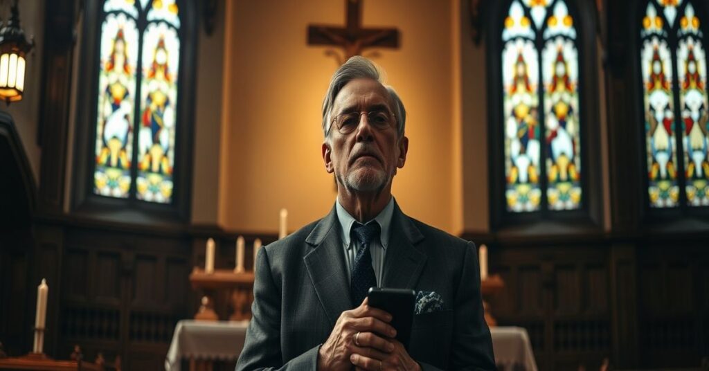 A reverent portrait of Chuck Norris in a Catholic church setting, reflecting on the tragic illusion of his Protestant faith outside the true Church.