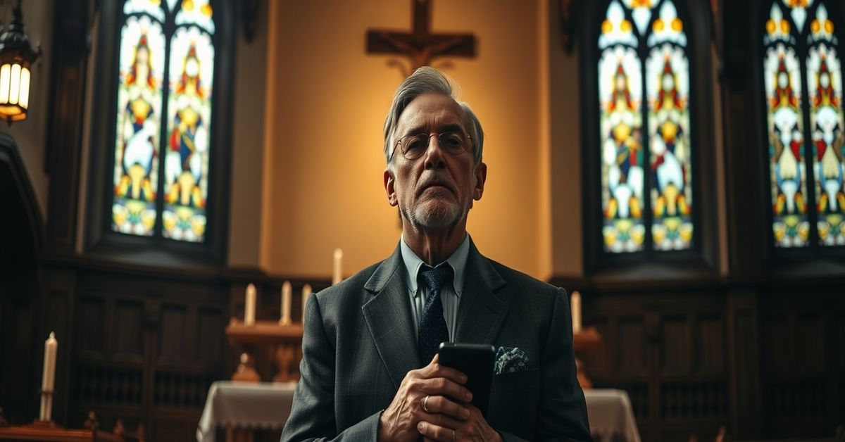 A reverent portrait of Chuck Norris in a Catholic church setting, reflecting on the tragic illusion of his Protestant faith outside the true Church.