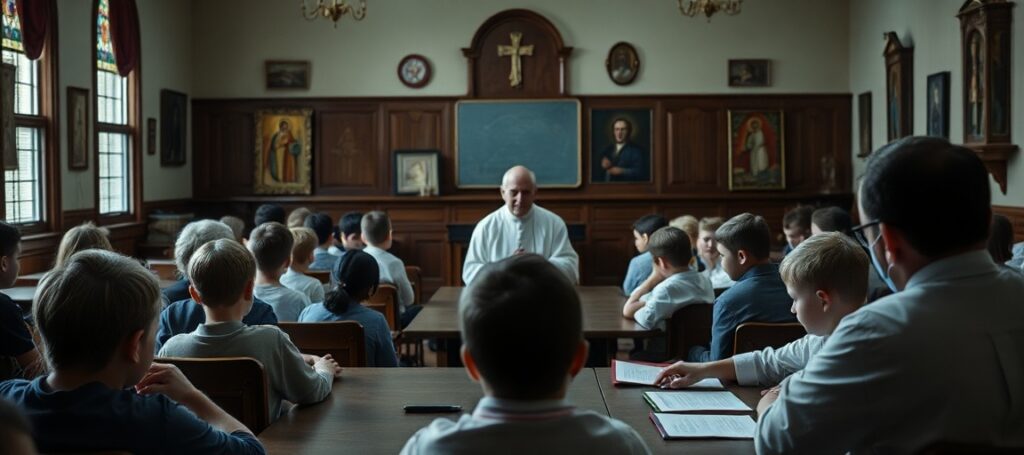 A reverent Catholic classroom with children learning from a priest, contrasting with a blurred public school in the background, symbolizing the state's encroachment on religious education and the post-conciliar apostasy.