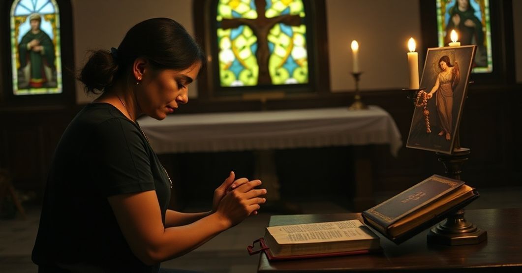 Claire Lai kneeling in prayer before a Catholic altar with her father Jimmy Lai's photograph, surrounded by symbols of faith and suffering.