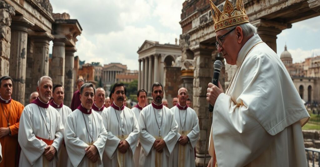 A solemn image of Roman clergy in traditional attire listening to a modernist figure dressed as a pope, symbolizing the clash between tradition and modernism.