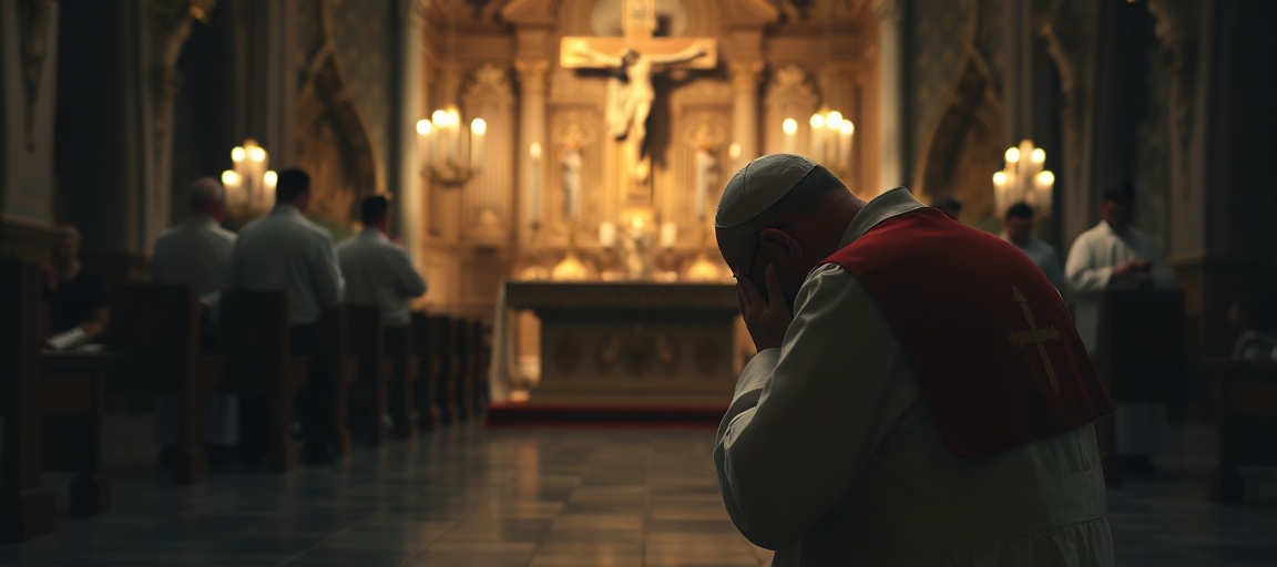 A somber Catholic priest kneeling in prayer before a crucifix in a dimly lit church, symbolizing the betrayal of sacred trust and systemic failure within modern Church governance.