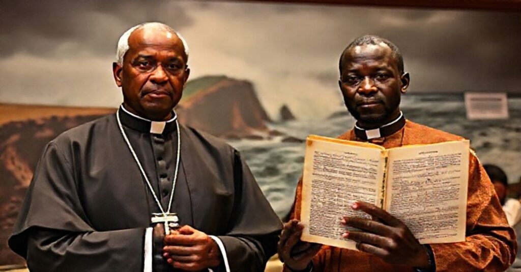 Catholic priest in traditional cassock contrasting with a Ghanaian delegate at COP30 climate summit, symbolizing the conflict between Christ's kingship and modernist environmentalism.