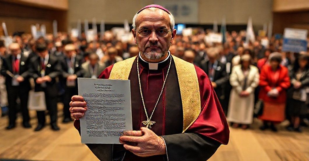 Climate Justice as a Trojan Horse for Globalist Modernism A Catholic priest in traditional vestments stands before a globalist gathering at COP30, holding a copy of Pius XI's Quas Primas.