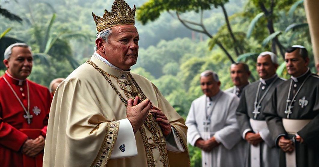 A somber depiction of a false pope addressing the UN COP30 climate conference in Belém, Brazil, surrounded by global leaders and conflicted cardinals, highlighting the subordination of the Church's mission to secular environmentalism.
