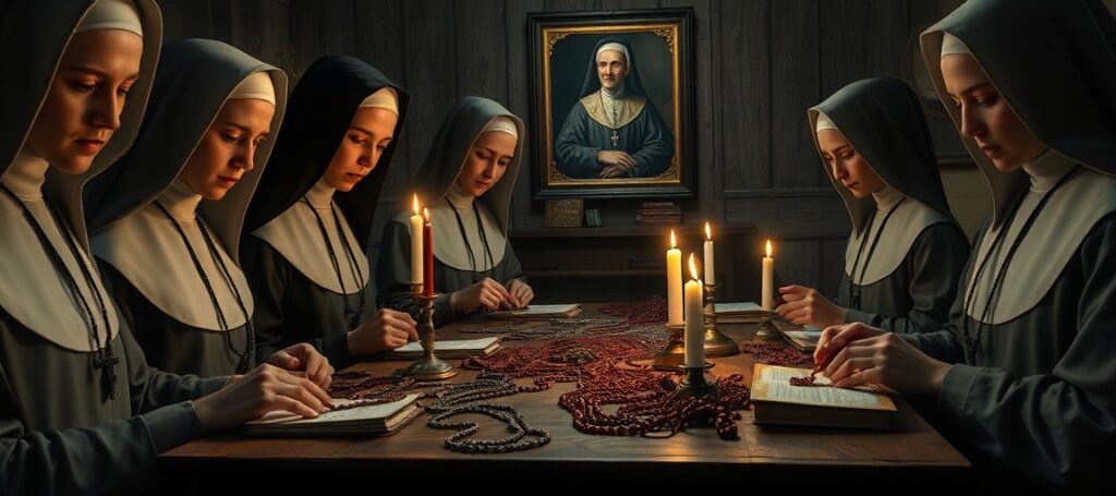 Cloistered nuns crafting rosaries in a monastery, symbolizing the deceptive piety of the counterfeit Church under antipope Leo XIV.