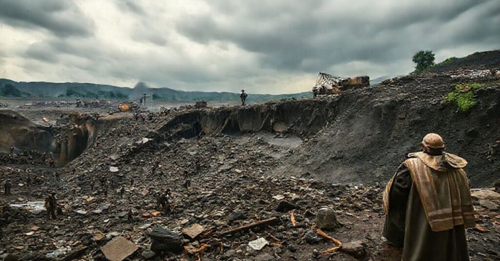 Rescuers dig through the rubble after a mine collapse in Congo as a priest prays for the victims, symbolizing moral and spiritual failure in a godless society.