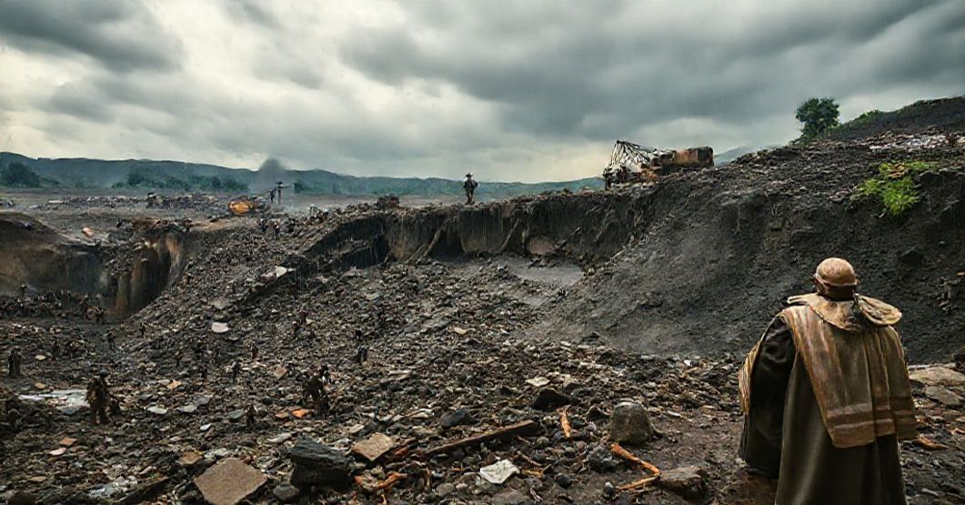 Rescuers dig through the rubble after a mine collapse in Congo as a priest prays for the victims, symbolizing moral and spiritual failure in a godless society.