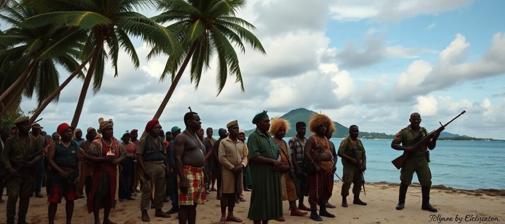 Solemn portrait of the Coconut War in Espiritu Santo, highlighting indigenous leaders, colonial authorities, and the absence of Catholic social teaching.