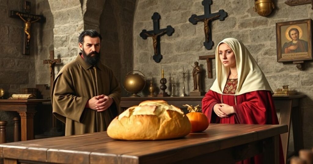 A solemn depiction of St. Colmcille and Queen Teodolinda in a medieval Italian monastery, highlighting the theological concerns surrounding the Colomba di Pasqua legend.