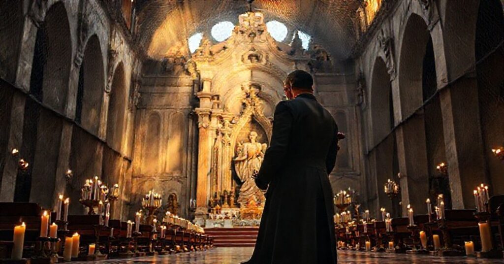 A deteriorating Church of the National Vow in Bogotá with a sedevacantist priest praying before a Sacred Heart statue, symbolizing Colombia's apostasy and hollow homage to Catholic values.