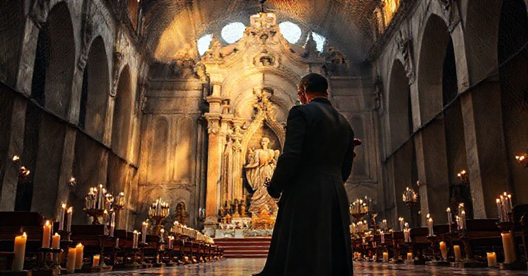 A deteriorating Church of the National Vow in Bogotá with a sedevacantist priest praying before a Sacred Heart statue, symbolizing Colombia's apostasy and hollow homage to Catholic values.