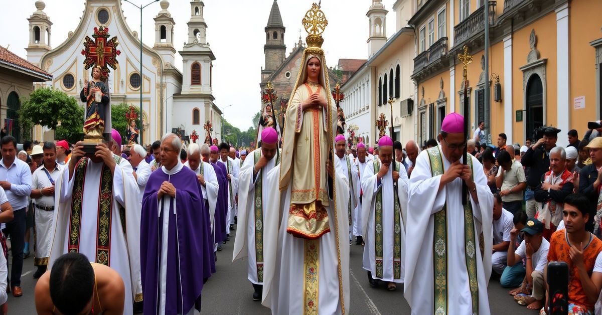 Traditional Catholic procession in Colombia with bishops and faithful honoring Christ the King and Our Lady of the Rosary of Chiquinquirá.