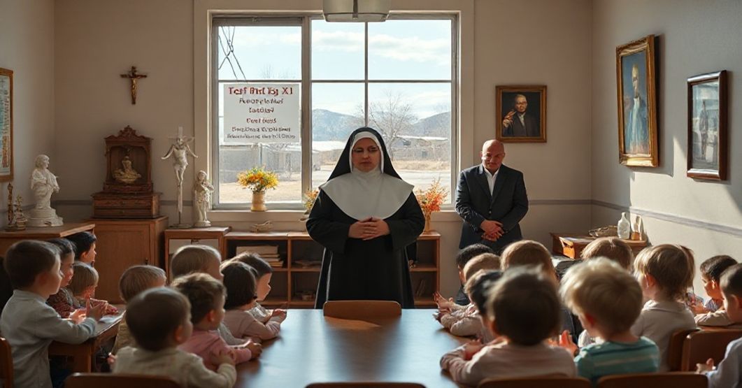 A traditional Catholic preschool classroom in Colorado with children praying the Rosary while a nun teaches amidst secular pressures.