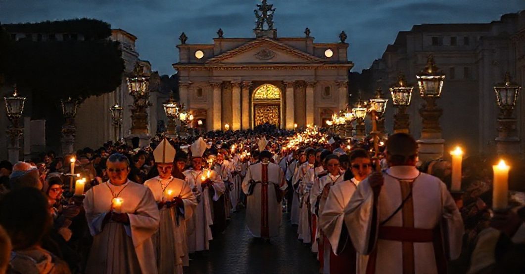 A modernist Catholic procession with tourists and clergy across the Bridge of Angels in Rome during a commercialized "Jubilee of Tourism," lacking true spiritual gravity.