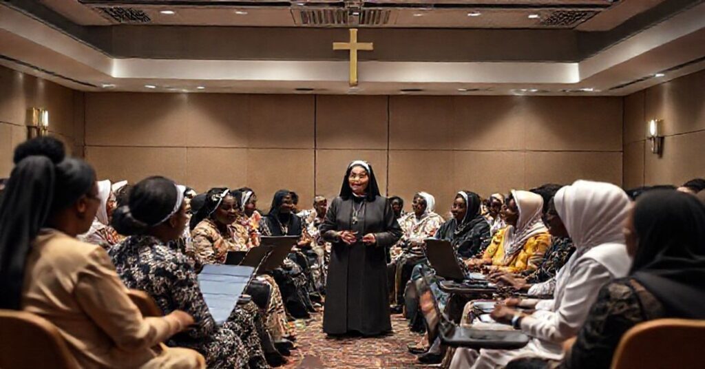 Sr. Nina Krepić addressing a gathering of religious women in Nairobi, promoting media collaboration over traditional Catholic spirituality.