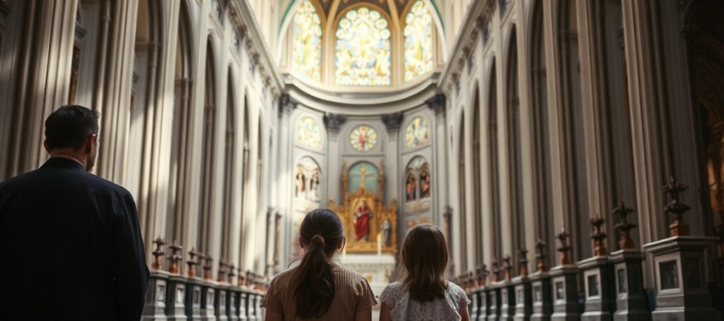 A Catholic family in a grand cathedral, reflecting on the contrast between aesthetic beauty and doctrinal emptiness in the conciliar Church.