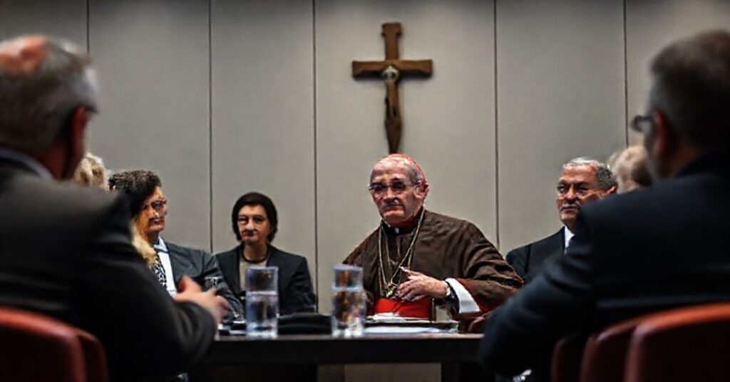 Cardinal Parolin speaking at an AI conference, surrounded by secular experts in a modern setting with Catholic symbols subtly present.