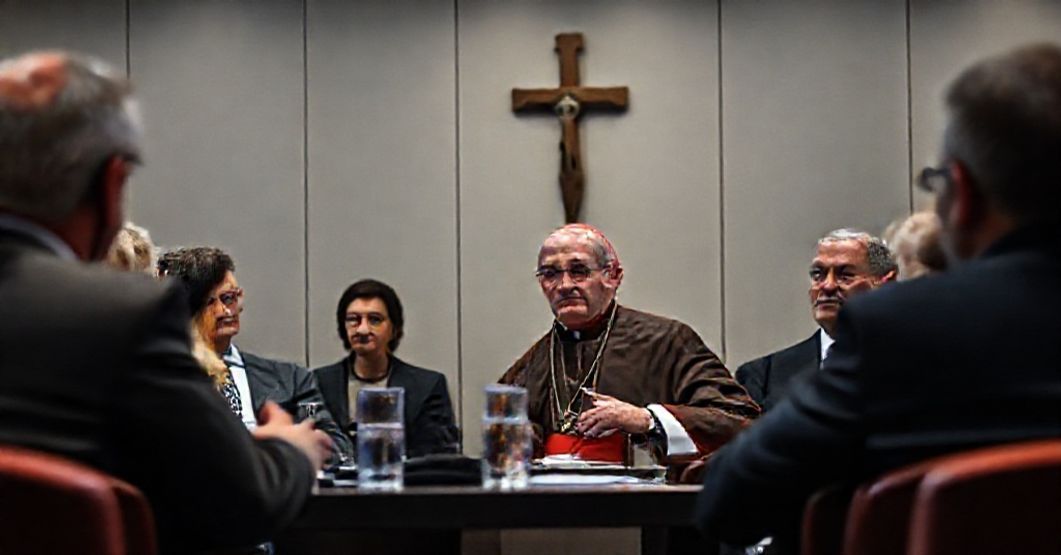 Cardinal Parolin speaking at an AI conference, surrounded by secular experts in a modern setting with Catholic symbols subtly present.