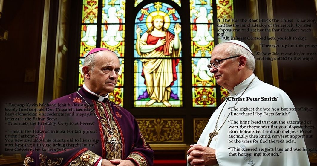 Solemn Bishop Reflects on Conciliar Apostasy - Catholic Perspective Traditional Catholic bishop in liturgical vestments stands solemnly before a stained-glass window with Christ the King, symbolizing apostasy in the Conciliar Sect.