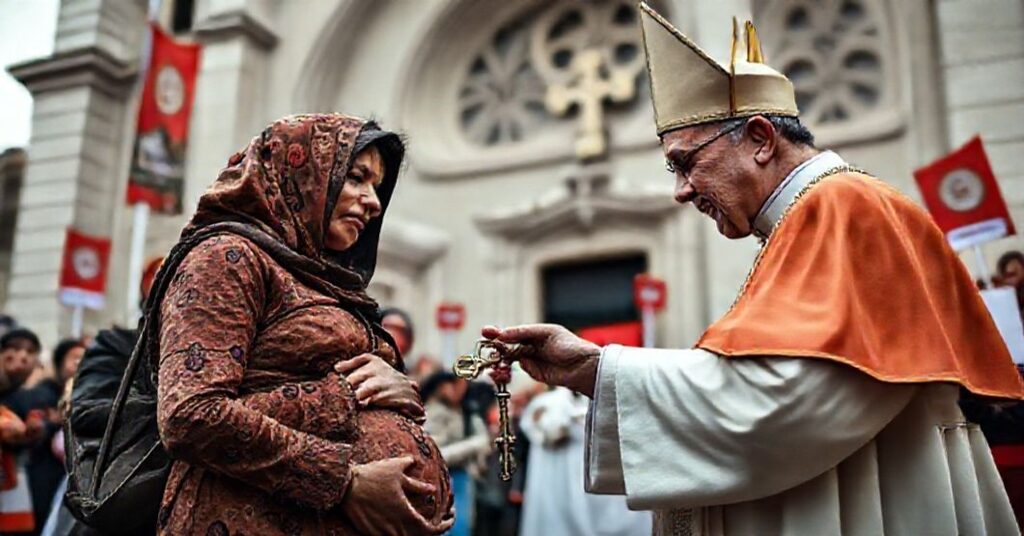 Sorrowful image of a homeless pregnant woman receiving a symbolic key from Antipope Leo XIV during a staged 'World Day of the Poor' event, highlighting spiritual neglect and conciliar apostasy.